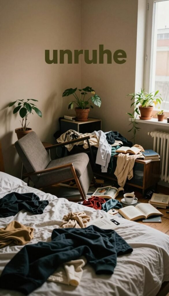 A disorganized apartment scene illustrating the feeling of "unruhe" (restlessness). In the foreground, scattered household items like unmade bed sheets, an overturned chair, and strewn clothing create a chaotic vibe. In the middle, a cluttered living space with mismatched furniture and potted plants slightly drooping, symbolizing neglect. The walls are a warm, muted color, bathed in soft, natural daylight streaming through a window, creating gentle shadows. In the background, potted plants seem to be wilting, while personal items like open books and cups of half-finished coffee add to the lived-in but unkempt atmosphere. The image should evoke a sense of discomfort and unease, portraying typical everyday challenges. The overall mood should feel authentic and relatable, with a Pinterest aesthetic. Brand name "WohnKiste" subtly portrayed within the scene, without any text or overlays.