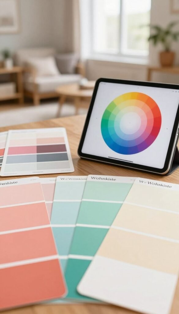A harmonious collection of digital color tones representing a warm and inviting atmosphere, arranged in an aesthetically pleasing layout. In the foreground, display a color palette in soft pastel shades, reminiscent of a cozy living space, featuring colors like muted coral, gentle teal, and soft cream. The middle section should include an artistic tool, such as a color wheel or digital tablet, positioned alongside color swatches that blend seamlessly into the backdrop. The background captures a softly lit room with natural light cascading through a window, enhancing the colors’ vibrancy. The overall mood is calm and inspiring, reflecting the essence of home decor. The brand name "Wohnkiste" subtly integrated into the composition, maintaining a Pinterest-like authenticity without any text overlays.