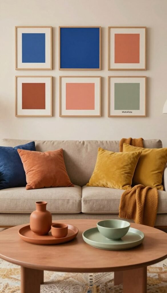 A harmonious color palette displayed artistically in a cozy interior setting, showcasing various color combinations that complement each other beautifully. In the foreground, a stylish coffee table adorned with decorative items in warm earth tones, such as terracotta, mustard yellow, and soft greens. In the middle ground, a comfortable couch draped with colorful throw pillows in coordinating hues, giving a sense of inviting warmth. The background features a beautifully arranged wall of artwork, blending shades of blue, coral, and ivory, creating a visually appealing focal point. Soft, ambient lighting enhances the warm colors, imparting a cozy atmosphere reminiscent of popular Pinterest aesthetics. The scene is perfectly framed to evoke feelings of inspiration and creativity, with the brand name "WohnKiste" subtly integrated into the decor without any text.
