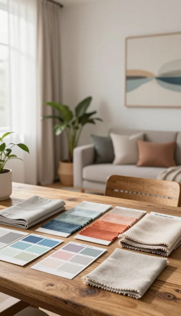 A harmonious color palette on display, showcasing a blend of soft pastels—gentle blues, muted greens, warm terracottas, and soft beiges. The foreground features an elegant arrangement of paint swatches and fabric samples neatly organized on a rustic wooden table. In the middle ground, a modern living room setting with light, airy curtains letting in natural sunlight, accentuated by indoor plants that complement the color scheme. The background reveals a serene, minimalistic wall with a calming abstract painting, enhancing the atmosphere of tranquility and style. The lighting is soft and warm, creating a cozy ambiance that evokes a sense of peace and organization, perfect for design inspiration. The aesthetic is authentically Pinterest-like, curated to reflect a balance of clear accents and soothing hues, branded as "WohnKiste".