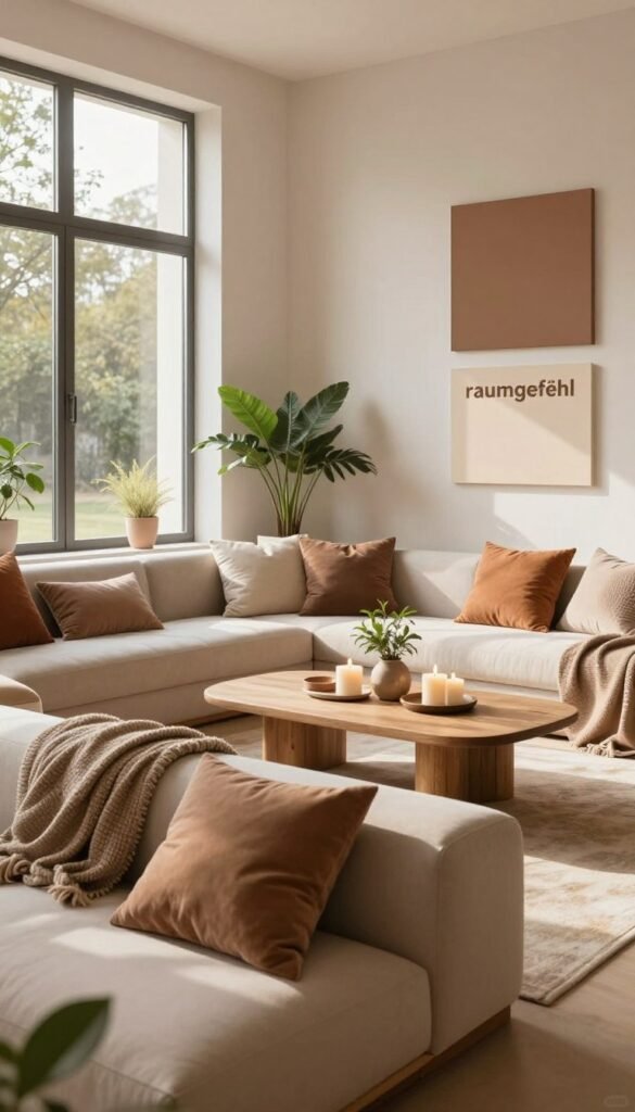 A harmonious interior space exhibiting the concept of "raumgefühl," designed with warm, natural colors and a Pinterest-inspired aesthetic. In the foreground, a cozy seating area with elegantly arranged cushions and a textured throw, enhancing comfort. The middle layer features a beautifully curated coffee table adorned with decorative elements like candles and plants, reflecting soft light. In the background, large windows allow natural sunlight to flood the room, casting gentle shadows and creating warmth. Various wall surfaces showcase different hues to illustrate the impact of color on mood and space, highlighting tones of muted earth colors. The overall atmosphere is inviting and tranquil, reinforcing the essence of light, surfaces, and spatial perception while subtly reflecting the brand WohnKiste.