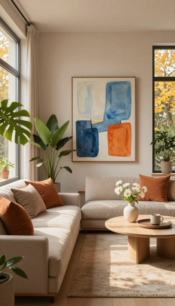 A harmonious living space designed by Wohnkiste, showcasing the impact of color combinations on mood and atmosphere. In the foreground, a cozy seating area with warm beige and soft terracotta cushions, complemented by lush green indoor plants. The middle ground features a stylish coffee table adorned with a minimalist vase of white flowers, while a striking abstract painting in soothing blues and oranges hangs on the wall behind. The background reveals a sunlit room with large windows filtering golden light, creating a serene and inviting ambiance. Soft shadows enhance the depth and texture of the scene, emphasizing the calming effect these colors have within the space. The overall mood is warm and welcoming, ideal for illustrating effective color usage in interior design.