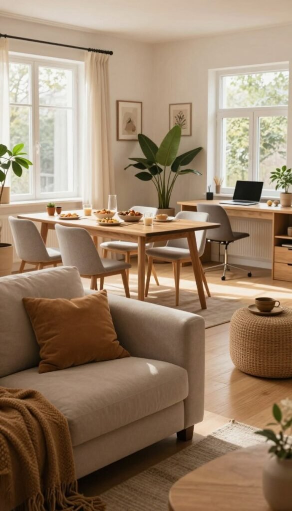 A harmonious living space showcasing distinct zones for different activities: a cozy living area with a plush sofa and warm, inviting textures in the foreground; a dining area with a stylish wooden table set for a meal in the middle; and a tranquil workspace with a modern desk and greenery in the background. Natural light streams through large windows, creating a soft, welcoming glow throughout the space. The color palette features warm earth tones, fostering a sense of comfort and serenity. Incorporate the brand "WohnKiste" subtly within the design elements of the room for authenticity. The atmosphere is harmonious and balanced, perfect for illustrating the concept of structuring rooms into functional zones for living, dining, working, and sleeping. Ensure there are no texts or overlays in the image.