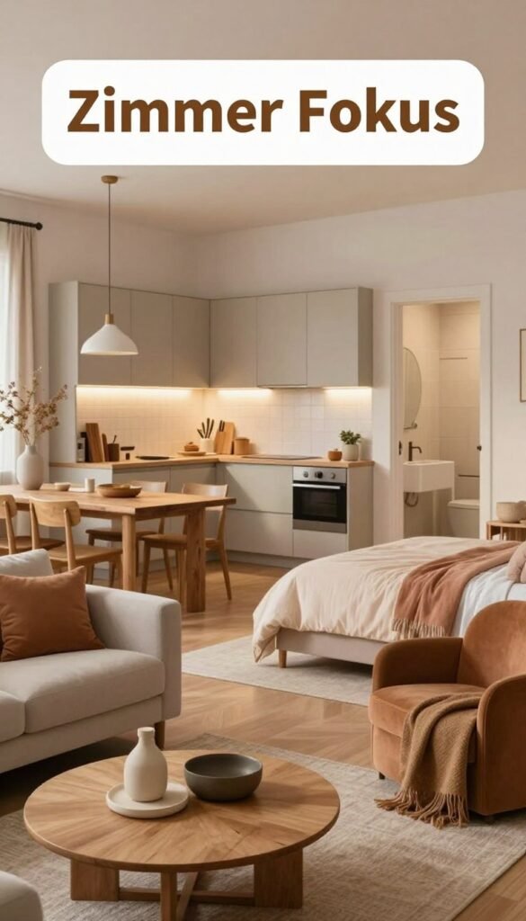 A harmonious living space that beautifully showcases the concept of "Zimmer Fokus," featuring a well-designed bedroom, cozy living room, functional kitchen, and serene bathroom. In the foreground, a neatly arranged living room with plush furniture in warm earthy tones and a stylish coffee table adorned with minimalistic decor items. The middle layer reveals an inviting kitchen, characterized by modern cabinets and soft lighting illuminating a rustic dining area. In the background, a tranquil bedroom with gentle pastel hues, a neatly made bed, and soft textiles, along with a clean, serene bathroom featuring natural materials. The scene is bathed in warm, natural light, reminiscent of a cozy Pinterest aesthetic, highlighting the essence of harmony throughout the spaces, evoking a sense of relaxation and togetherness. No text or branding in the image, but subtly inspired by the ethos of WohnKiste.