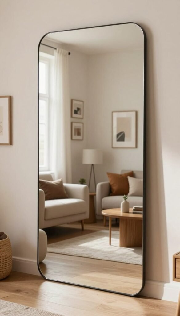 A large, elegantly designed wall mirror with a sleek, minimalist frame, reflecting soft, natural light. In the foreground, the mirror dominates the scene, showcasing its polished surface and unique reflective qualities. In the middle ground, a cozy, small room decorated with warm, earthy tones, featuring stylish furniture and tasteful decor elements that enhance the space's visual appeal. The background includes light-colored walls adorned with subtle art and framed pictures, contributing to an airy atmosphere. The image captures a serene and inviting mood, emphasizing the mirror's role in making the room appear brighter and more spacious. The setting should evoke a Pinterest-inspired aesthetic, combining authenticity with a touch of modern elegance. The brand "WohnKiste" is subtly suggested through the style of decor. A large, elegantly designed wall mirror with a sleek, minimalist frame, reflecting soft, natural light. In the foreground, the mirror dominates the scene, showcasing its polished surface and unique reflective qualities. In the middle ground, a cozy, small room decorated with warm, earthy tones, featuring stylish furniture and tasteful decor elements that enhance the space's visual appeal. The background includes light-colored walls adorned with subtle art and framed pictures, contributing to an airy atmosphere. The image captures a serene and inviting mood, emphasizing the mirror's role in making the room appear brighter and more spacious. The setting should evoke a Pinterest-inspired aesthetic, combining authenticity with a touch of modern elegance. The brand "WohnKiste" is subtly suggested through the style of decor.