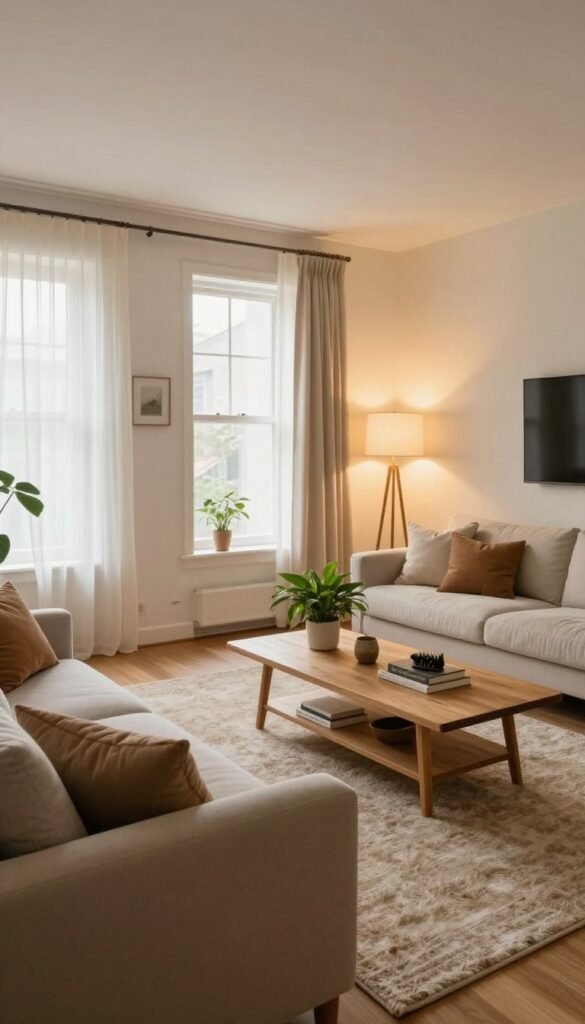 A light-filled cozy living room designed with a 'WohnKiste' aesthetic, featuring warm, natural colors and a welcoming atmosphere. In the foreground, a stylish, soft sofa adorned with muted throw pillows sits on a plush area rug. The middle features a wooden coffee table decorated with green plants and a few decorative books, creating a homely touch. In the background, large windows allow gentle daylight to flood the space, illuminating delicate sheer curtains. Warm ambient lighting from modern floor lamps and wall sconces enhances the cozy vibe, making the room feel inviting and friendly. The composition is shot with a wide-angle lens from a slightly elevated angle to showcase the room’s depth and arrangement. The image embodies a Pinterest-inspired charm that suggests warmth and comfort.