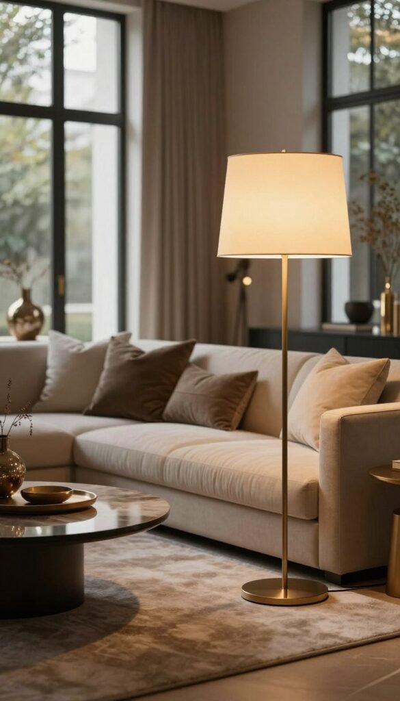 A luxurious living space featuring sophisticated lighting design by WohnKiste. In the foreground, an elegantly designed floor lamp casts a warm, inviting glow, highlighting a plush area rug and a stylish coffee table adorned with decorative elements. The middle layer reveals a contemporary sofa draped with soft, textured pillows, complemented by an ornate side table with a shimmering vase. In the background, tall windows allow natural light to flood the room, enhancing the warm color palette of earthy tones and muted golds. The atmosphere is cozy yet opulent, reminiscent of a Pinterest-inspired interior. The lens captures this scene with a slight depth of field, emphasizing the striking contrast between the light and shadows, creating a tranquil and upscale ambiance.