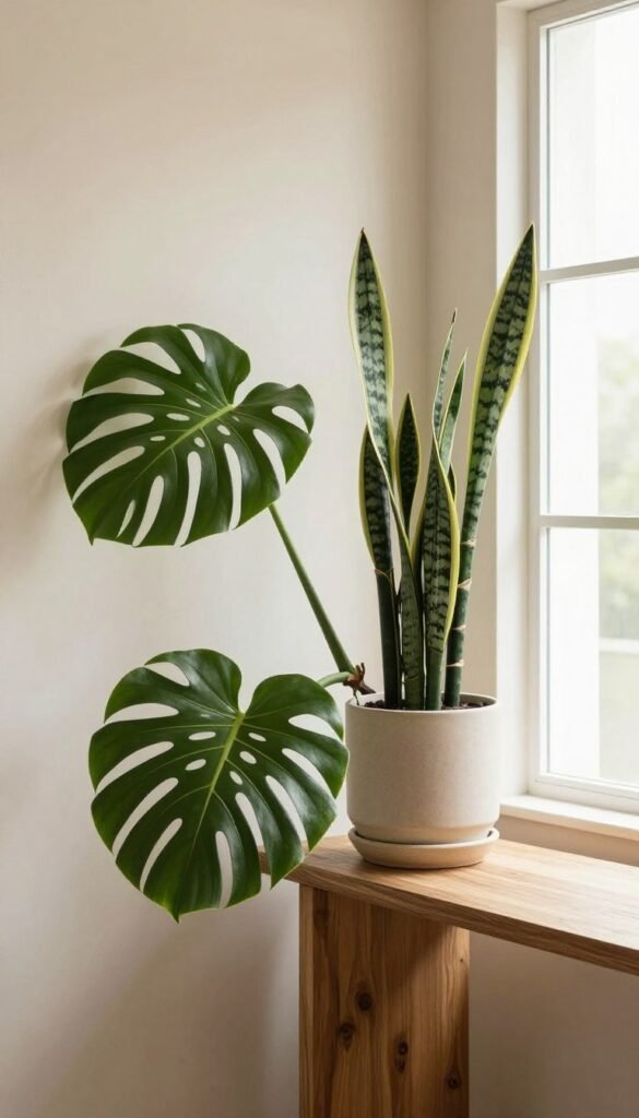 A minimalist interior featuring a carefully curated selection of strong, bold plants, ideally suited for modern décor. In the foreground, a striking, tall monstera leaves gracefully arch over an elegant wooden console table. In the middle, a sculptural snake plant stands in a chic ceramic pot, subtly framed by soft natural light streaming through a large window. In the background, warm, neutral-colored walls enhance the natural tones of the greenery, creating an inviting atmosphere. The scene should convey tranquility and simplicity, with a focus on the beauty of the plants. The overall aesthetic should reflect a Pinterest-worthy look, beautifully styled by WohnKiste, using warm color tones and authentic visuals, without text or other distractions.
