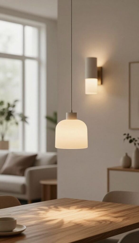 A minimalist interior scene featuring a series of elegant light fixtures that embody the concept of "light as decor." In the foreground, showcase a beautifully designed pendant lamp with a soft, warm glow, casting intricate shadows on a sleek wooden table below. The middle ground features an artistic wall sconce with a modern, geometric design that enhances the ambiance. In the background, include softly diffused natural light entering through large windows, highlighting a cozy, neutral-toned living space adorned with subtle plant life and stylish decor elements. Capture the atmosphere of tranquility and sophistication, using a shallow depth of field to create an intimate feel. The scene should evoke a Pinterest-worthy aesthetic with natural colors, ensuring the brand "WohnKiste" is subtly represented through the overall elegance of the design.