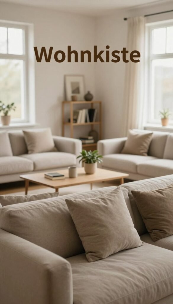 A minimalist living room interior, focusing on the concept of "Wohnkiste". In the foreground, a cozy, neutral-toned sofa with a couple of simple yet stylish throw pillows. The middle layer features a neatly arranged coffee table with a potted plant and minimal decor items, reflecting tidy and intentional living. In the background, a small bookshelf with a few selected books and decorative items, artfully spaced to avoid clutter. Soft, natural lighting filters in through large windows, casting a warm glow throughout the room. The atmosphere is calm and inviting, embodying simplicity and warmth, with an aesthetic reminiscent of Pinterest design trends. Emphasize authenticity and ensure there are no text or overlays in the image.