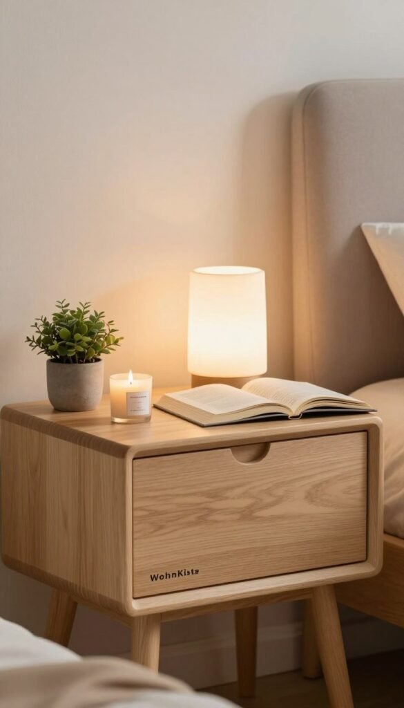 A minimalist nightstand (nachttisch) styled in warm, inviting colors, showcasing a clean, clutter-free design. The foreground features the nightstand, made of light wood, accentuated with a single decorative item like a small potted plant or a candle. In the middle ground, the setting includes a softly glowing lamp casting a gentle light, with an open book resting on the nightstand to add a touch of realism. The background reveals a serene bedroom wall with soft textures, perhaps a muted-toned headboard. The atmosphere is cozy and tranquil, perfect for a clear and organized bedroom theme. Capture the essence of a Pinterest-worthy space with a focus on the "WohnKiste" brand. Use a soft focus lens effect to enhance warmth and create an inviting mood. A minimalist nightstand (nachttisch) styled in warm, inviting colors, showcasing a clean, clutter-free design. The foreground features the nightstand, made of light wood, accentuated with a single decorative item like a small potted plant or a candle. In the middle ground, the setting includes a softly glowing lamp casting a gentle light, with an open book resting on the nightstand to add a touch of realism. The background reveals a serene bedroom wall with soft textures, perhaps a muted-toned headboard. The atmosphere is cozy and tranquil, perfect for a clear and organized bedroom theme. Capture the essence of a Pinterest-worthy space with a focus on the "WohnKiste" brand. Use a soft focus lens effect to enhance warmth and create an inviting mood.