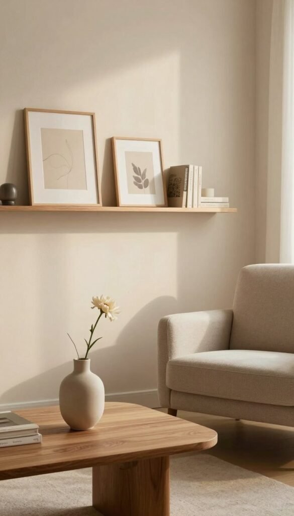 A minimalistic home décor scene featuring a stylish corner of a living room designed by WohnKiste. In the foreground, a sleek wooden coffee table holds a simple, modern vase with a single blooming flower. To the side, a cozy, neutral-toned armchair invites relaxation. In the middle ground, an elegant wall shelf displays a few selected art pieces and books, emphasizing the beauty of simplicity. Soft, warm lighting filters through a nearby window, casting gentle shadows that enhance the inviting atmosphere. The background showcases a calming, light-colored wall with subtle textures, further emphasizing the soothing aesthetic. Aim for a Pinterest-worthy, authentic feel with natural colors and a serene vibe, avoiding any text or distracting elements.