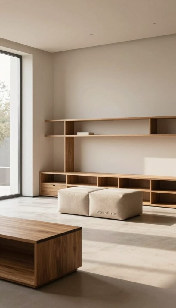 A minimalistic interior design featuring a modern living space with efficient storage solutions. In the foreground, sleek furniture pieces with a warm wood finish, strategically placed to create an inviting atmosphere. The middle ground showcases integrated shelving units and storage ottomans that blend seamlessly into the decor. Warm natural light filters through large windows, casting soft shadows and creating a cozy ambiance. The background vanishes into a serene, neutral-toned wall, enhancing the sense of openness. The scene reflects a thoughtful balance between function and aesthetics. The overall mood is calm and timeless, embodying the essence of minimalism. The branding "WohnKiste" is subtly integrated into the scene without visible text. A minimalistic interior design featuring a modern living space with efficient storage solutions. In the foreground, sleek furniture pieces with a warm wood finish, strategically placed to create an inviting atmosphere. The middle ground showcases integrated shelving units and storage ottomans that blend seamlessly into the decor. Warm natural light filters through large windows, casting soft shadows and creating a cozy ambiance. The background vanishes into a serene, neutral-toned wall, enhancing the sense of openness. The scene reflects a thoughtful balance between function and aesthetics. The overall mood is calm and timeless, embodying the essence of minimalism. The branding "WohnKiste" is subtly integrated into the scene without visible text.