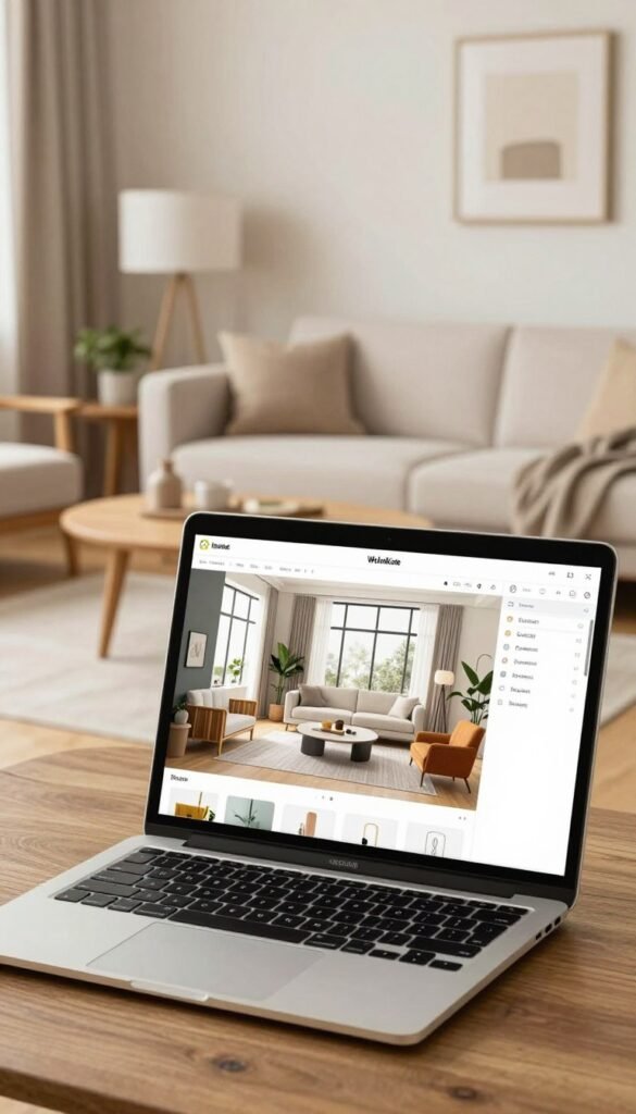 A modern 3D room planner interface displayed on a sleek laptop in a cozy, well-lit living room. In the foreground, the laptop screen shows an interactive design layout featuring elegant furniture arrangements. In the middle ground, stylish furniture such as a minimalist sofa, a chic coffee table, and decorative plants create an inviting atmosphere. The background includes soft, warm lighting that highlights the natural wood accents and light-colored walls, creating a Pinterest-inspired aesthetic. A subtle decoration with the brand name "WohnKiste" can be seen in the decor. The whole scene conveys a mood of creativity and ease in room design, inviting viewers to visualize and test their ideas effortlessly. Natural colors dominate the palette, enhancing the warmth and authenticity of the image.