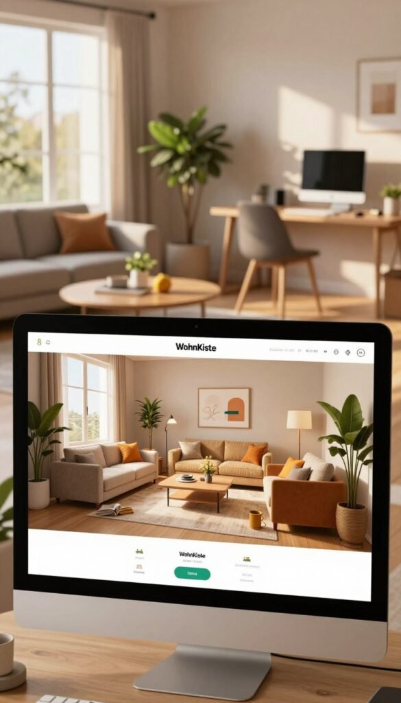 A modern 3D room planner interface showcasing an inviting, beautifully arranged living space. In the foreground, a computer screen displays a colorful 3D model of a cozy living room featuring plush furniture, warm lighting, and tasteful decor elements. The middle ground includes a stylish coffee table and a large window allowing soft sunlight to pour in, creating a serene ambiance. The background features a well-organized workspace adorned with plants and neutral colors, promoting a Pinterest-inspired aesthetic. The overall mood is warm and inviting, emphasizing creativity and practicality in interior design. Incorporate the brand name "WohnKiste" subtly within the interface design. Ensure a natural look with warm tones and a professional atmosphere, without any text overlays or distractions. A modern 3D room planner interface showcasing an inviting, beautifully arranged living space. In the foreground, a computer screen displays a colorful 3D model of a cozy living room featuring plush furniture, warm lighting, and tasteful decor elements. The middle ground includes a stylish coffee table and a large window allowing soft sunlight to pour in, creating a serene ambiance. The background features a well-organized workspace adorned with plants and neutral colors, promoting a Pinterest-inspired aesthetic. The overall mood is warm and inviting, emphasizing creativity and practicality in interior design. Incorporate the brand name "WohnKiste" subtly within the interface design. Ensure a natural look with warm tones and a professional atmosphere, without any text overlays or distractions.