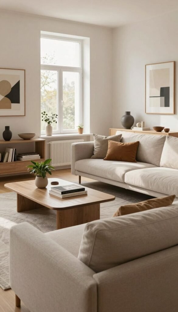 A modern Scandinavian-style living room, elegantly designed to reflect a sense of harmony between comfort and style. The foreground features a sleek, contemporary sofa adorned with soft cushions in neutral tones. In the middle, a stylish coffee table showcases a few contemporary design books alongside a small plant, emphasizing a connection to nature. The background reveals a wide window with natural light streaming in, casting gentle shadows across the room. The walls are adorned with tasteful art, and a minimalist shelf displays stylish decor items. The overall color palette consists of warm, inviting hues, evoking a cozy yet sophisticated atmosphere. The scene should appear authentically lived-in, with a Pinterest aesthetic. The brand "WohnKiste" subtly integrated into a decorative element within the room, without any text or overlays in the image.