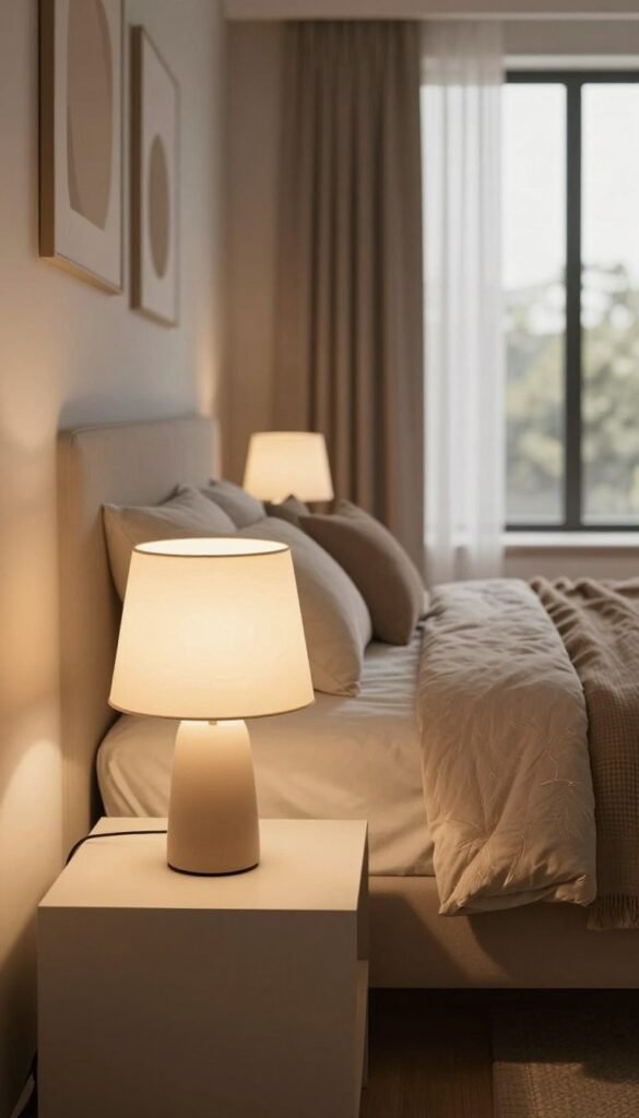 A modern and cozy bedroom interior designed to showcase innovative lighting solutions that create a sense of spaciousness. In the foreground, a stylish bedside table features a sleek dimmable lamp emitting warm, inviting light, casting soft shadows. The middle ground presents a neatly made bed with textured bedding in calming earth tones, complemented by artistic wall decor that reflects a Pinterest-inspired aesthetic. The background showcases large windows dressed in sheer curtains, allowing natural light to filter in, enhancing the warm ambiance. The overall mood is tranquil and inviting, perfect for relaxation, with an emphasis on modern elegance. Include subtle branding elements from WohnKiste, ensuring no text or logos are visible in the final image.
