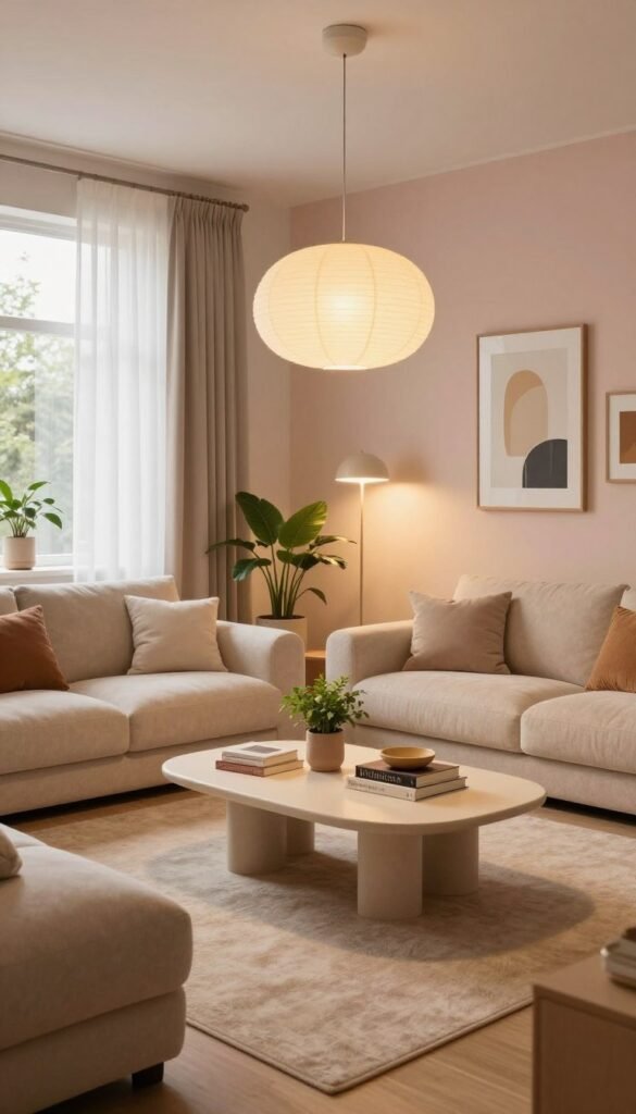 A modern and cozy living room designed for a warm ambiance, showcasing distinct light zones. In the foreground, a plush, textured sofa in soft beige arranged around a stylish, low coffee table adorned with decorative books and a small potted plant. In the middle, a warm pendant light hangs over the table, casting a soft glow, while strategically placed floor lamps create cozy reading spots. The background reveals large windows with sheer curtains letting in natural light, complemented by an accent wall in a calming pastel shade. Decorative elements include modern art pieces, houseplants, and a warm rug. The atmosphere is inviting and serene, embodying a Pinterest-inspired aesthetic. Make sure to include authenticity in the design, representing the brand "WohnKiste" without any text in the image.