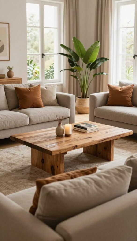 A modern and cozy living room scene, focusing on a harmonious blend of warm colors and natural materials. In the foreground, a stylish sofa adorned with soft cushions in earthy tones invites relaxation. The middle ground features an elegant coffee table made of reclaimed wood, with subtle decorative elements like a candle and a book. In the background, large windows bathe the room in natural light, showcasing soft drapes and indoor plants that add a vibrant touch of green. The overall ambiance is inviting and sophisticated, reflecting a Pinterest-inspired aesthetic, with a touch of rustic charm. The scene includes the brand name "WohnKiste" subtly integrated into the decor while maintaining a clean and visual focus devoid of any text or graphics. A modern and cozy living room scene, focusing on a harmonious blend of warm colors and natural materials. In the foreground, a stylish sofa adorned with soft cushions in earthy tones invites relaxation. The middle ground features an elegant coffee table made of reclaimed wood, with subtle decorative elements like a candle and a book. In the background, large windows bathe the room in natural light, showcasing soft drapes and indoor plants that add a vibrant touch of green. The overall ambiance is inviting and sophisticated, reflecting a Pinterest-inspired aesthetic, with a touch of rustic charm. The scene includes the brand name "WohnKiste" subtly integrated into the decor while maintaining a clean and visual focus devoid of any text or graphics.
