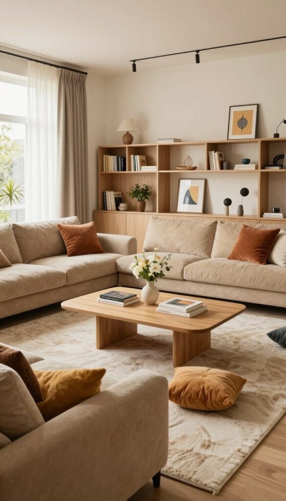 A modern and inviting living room designed for comfort and communication. In the foreground, a plush, stylish sofa in warm beige is arranged around a soft, textured area rug, with colorful cushions scattered for a cozy feel. In the middle, a sleek coffee table made of light wood is adorned with a few tasteful decorative items like a small vase with fresh flowers and some art books. Behind, a beautifully integrated storage unit blends seamlessly into the decor, showcasing elegant books and playful art pieces. The background features a large window with sheer curtains, allowing natural light to fill the space, creating a warm and inviting atmosphere. The overall mood is relaxed yet sophisticated, perfect for social interactions. The brand name "WohnKiste" subtly included in the decor.