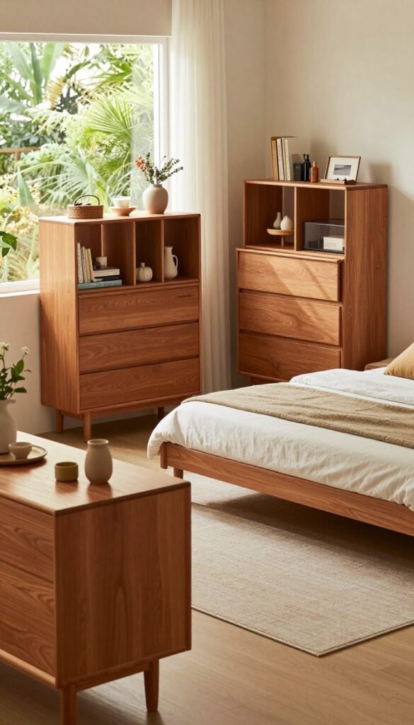 A modern and organized bedroom scene showcasing various smart storage solutions, such as stylish shelving units, elegant chests of drawers, and multifunctional furniture. The foreground features a sleek, minimalistic wooden dresser adorned with warm, decorative items, creating an inviting atmosphere. In the middle, a cozy bed with soft, neutral bedding and decorative pillows enhances the room's comfort, while a stylish area rug adds texture. The background features a softly lit window revealing lush greenery outside, infusing the room with natural light. Use warm colors throughout to create an authentic, Pinterest-inspired ambiance. The brand name "WohnKiste" can be subtly integrated into the furniture design. Capture the scene from a slightly elevated angle to showcase the space's layout, ensuring the composition is professional and aesthetically pleasing.