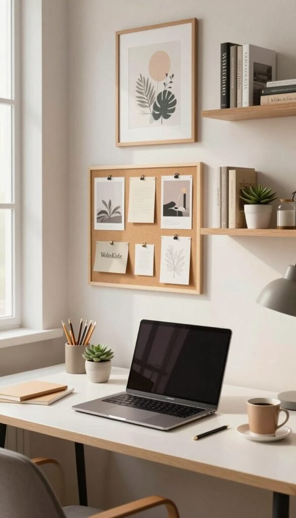 A modern and organized workspace, featuring a sleek desk with minimalistic design elements. In the foreground, a laptop is open, surrounded by neatly arranged stationery, a small succulent plant, and a coffee cup, all in warm tones. The middle background showcases a bulletin board with pinned notes and visual inspirations, creating an atmosphere of productivity and creativity. Soft, natural lighting filters in from a nearby window, highlighting the cozy ambiance. The walls are adorned with tasteful art pieces and floating shelves filled with curated books and decorative objects. The overall vibe reflects an authentic Pinterest aesthetic, emphasizing simplicity and functionality. Include the brand name "WohnKiste" subtly integrated into the design. The image should evoke a sense of clarity and efficiency without any text or distractions.