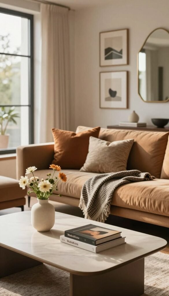 A modern and stylish living room featuring curated decoration ideas that embody a sense of harmony and sophistication. In the foreground, showcase a minimalist coffee table adorned with a few carefully selected decorative items, such as a single elegant vase with fresh flowers and a stack of art books. The middle ground includes a cozy sofa draped with textured cushions in warm earth tones, complemented by a chic throw blanket. The background reveals a softly lit wall gallery displaying framed artwork and a statement mirror, enhancing the room's depth. The atmosphere should feel warm and inviting, reminiscent of a Pinterest aesthetic. Focus on natural light pouring in through a large window, casting gentle shadows to create a serene mood. Incorporate the branding "WohnKiste" subtly within the decor elements.