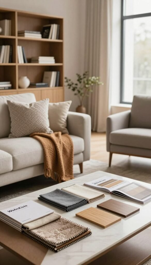 A modern and stylish living room showcasing a comprehensive furniture consultation. In the foreground, a beautifully arranged coffee table with a selection of fabric swatches, wood samples, and a catalog from the brand "WohnKiste". The middle features a cozy sofa with decorative pillows and a warm throw, a chic armchair, and a sleek bookshelf filled with books and decorative items. The background presents a well-lit space with a large window allowing soft, natural sunlight to flood the room, enhancing the warm color palette of earth tones and soft whites. Create a Pinterest-worthy atmosphere that feels inviting and stylish, with a focus on practicality for everyday life. The scene should embody a sense of tranquility and sophistication, reflecting thoughtful product choices for size and material without any text or branding obscuring the image. A modern and stylish living room showcasing a comprehensive furniture consultation. In the foreground, a beautifully arranged coffee table with a selection of fabric swatches, wood samples, and a catalog from the brand "WohnKiste". The middle features a cozy sofa with decorative pillows and a warm throw, a chic armchair, and a sleek bookshelf filled with books and decorative items. The background presents a well-lit space with a large window allowing soft, natural sunlight to flood the room, enhancing the warm color palette of earth tones and soft whites. Create a Pinterest-worthy atmosphere that feels inviting and stylish, with a focus on practicality for everyday life. The scene should embody a sense of tranquility and sophistication, reflecting thoughtful product choices for size and material without any text or branding obscuring the image.