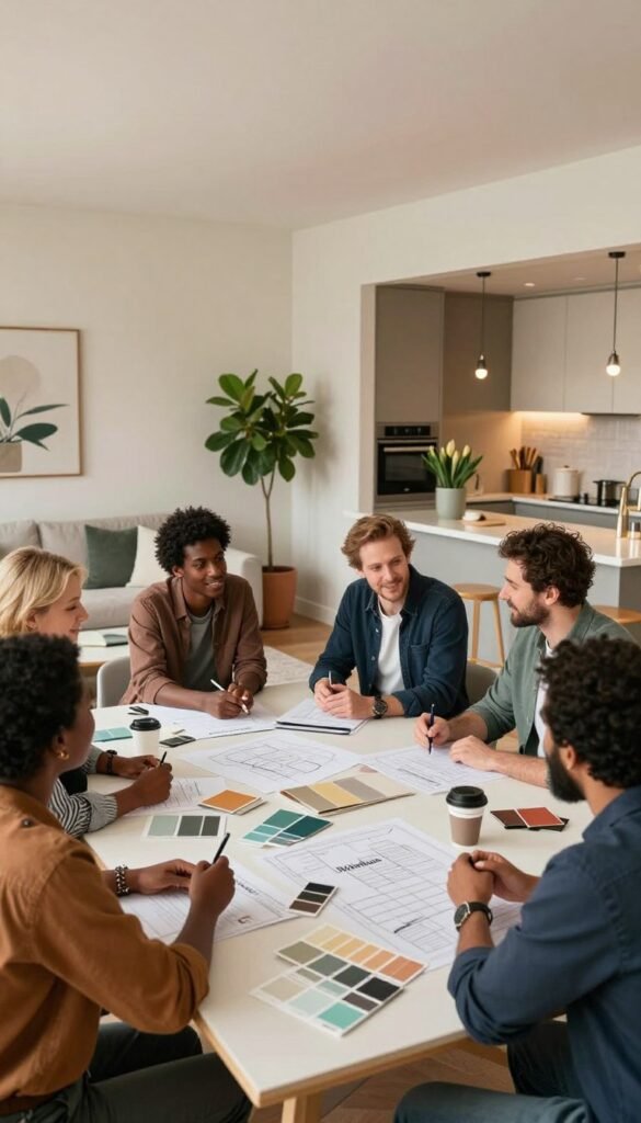 A modern apartment interior featuring a diverse group of tenants and owners actively planning renovation work together. In the foreground, a light-filled, stylish living room showcases a large table covered with renovation samples, paint swatches, and blueprints, with cheerful individuals in professional business attire discussing ideas. The middle ground highlights a cozy seating area with plants and modern decor, creating an inviting atmosphere. In the background, a partially visible open kitchen reflects a contemporary design, with warm lighting illuminating the space. The mood is collaborative and productive, with an emphasis on creativity and authenticity, capturing the essence of thoughtful home improvement, branded subtly with "WohnKiste" within the scene’s decor.