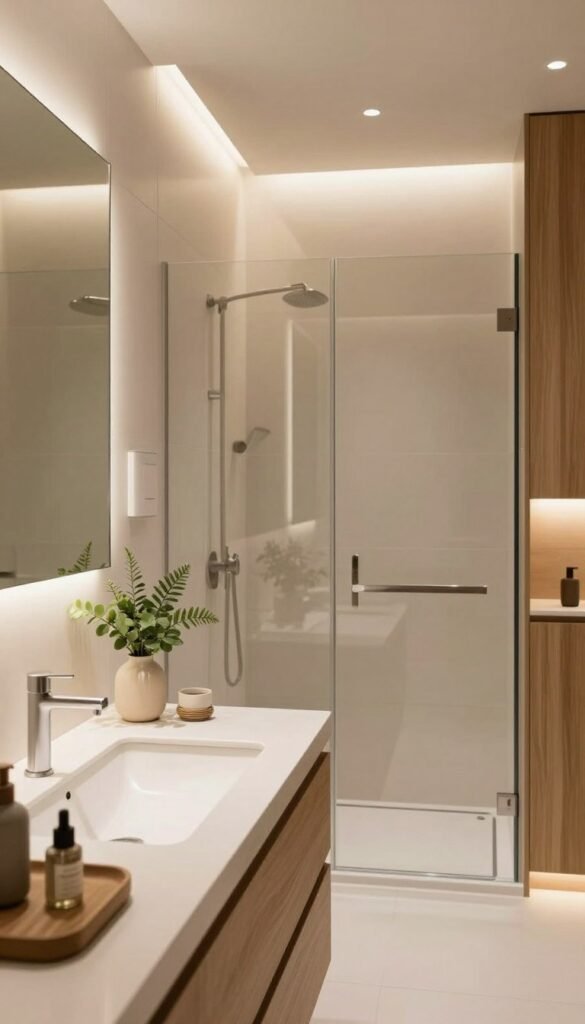 A modern bathroom interior featuring a chic, minimalist design with warm natural colors, inspired by Pinterest aesthetics. In the foreground, a sleek vanity with a stylish sink and elegant fixtures, adorned with greenery and tasteful decor elements. The middle section showcases a spacious shower with clear glass doors and modern tile work, reflecting a sense of sophistication and cleanliness. In the background, soft, ambient lighting enhances the soothing atmosphere, creating a welcoming vibe. A warm color palette is complemented by wooden accents and contemporary storage solutions. The iconic brand "WohnKiste" is represented subtly through product placements. The overall mood is inviting and fresh, embodying the essence of modernization without overwhelming renovations.