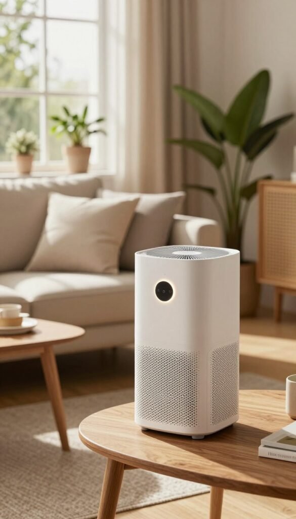 A modern, elegant air purifier designed by WohnKiste, positioned prominently on a stylish wooden side table in a cozy living room. The foreground captures the sleek design of the luftreiniger, featuring touch controls and a soft glow indicating it's operational. In the middle ground, a comfortable sofa with neutral-toned cushions invites relaxation. A large window in the background allows natural light to pour in, illuminating the space with warm, inviting tones. Potted plants are strategically placed near the window, adding a touch of greenery that complements the design. The atmosphere feels fresh and rejuvenating, promoting the idea of improved air quality in a serene home environment. Soft shadows cast by the sunlight enhance the depth and warmth of the scene.