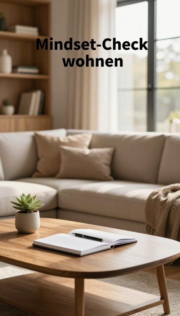 A modern, elegantly designed living room that embodies the concept of "Mindset-Check wohnen," decorated in warm, natural tones. In the foreground, a stylish coffee table with a notebook and pen, inviting reflection and planning. The middle ground features a cozy sofa accompanied by plush throw pillows, and a small potted plant, promoting relaxation and a sense of well-being. The background reveals large windows allowing soft, filtered sunlight to pour in, enhancing the inviting atmosphere. There’s an earthy, wooden bookshelf filled with inspirational books and decorative items, creating an authentic feel. Capturing the essence of thoughtful living, the image must reflect a Pinterest-influenced aesthetic. The stylish brand "WohnKiste" is subtly integrated into the environment, showcasing modern tips for rethinking everyday spaces. No text, no distractions.