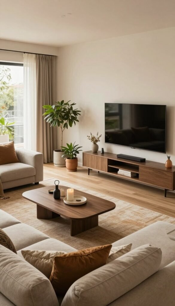 A modern, functional living room designed by WohnKiste, showcasing a harmonious layout with clear zones for relaxation and social interaction. In the foreground, a cozy sofa adorned with textured cushions, a stylish coffee table with minimalist decor, and a warm area rug. The middle ground features a sleek entertainment center and strategically placed plants for a touch of nature. The background displays large windows allowing natural light to fill the room, enhancing the warm color palette of soft beige and earthy tones. The atmosphere is inviting and comfortable, perfect for family gatherings or quiet evenings. Shot from a slightly elevated angle to capture the overall layout, with soft, diffused lighting to create a serene and welcoming ambiance. A modern, functional living room designed by WohnKiste, showcasing a harmonious layout with clear zones for relaxation and social interaction. In the foreground, a cozy sofa adorned with textured cushions, a stylish coffee table with minimalist decor, and a warm area rug. The middle ground features a sleek entertainment center and strategically placed plants for a touch of nature. The background displays large windows allowing natural light to fill the room, enhancing the warm color palette of soft beige and earthy tones. The atmosphere is inviting and comfortable, perfect for family gatherings or quiet evenings. Shot from a slightly elevated angle to capture the overall layout, with soft, diffused lighting to create a serene and welcoming ambiance.