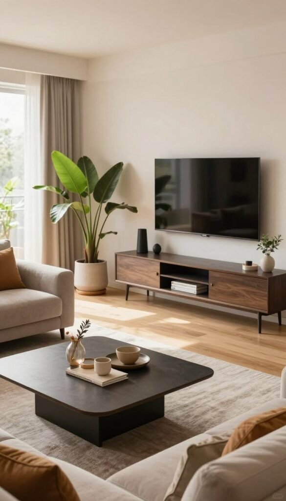 A modern, functional living room designed by WohnKiste, showcasing smart space planning. In the foreground, a stylish coffee table with elegant decor items neatly arranged, complemented by a cozy sofa with plush cushions. The middle ground features a well-organized entertainment area with a sleek media console and vibrant indoor plants adding life. The background displays large windows allowing natural light to flood the space, enhancing the warm color palette with soft, inviting hues. The room exudes an airy, contemporary atmosphere, highlighting efficient furniture placement and multifunctional design elements. Capture the scene from a slightly elevated angle, focusing on the overall layout and smart use of space, emphasizing both comfort and functionality.
