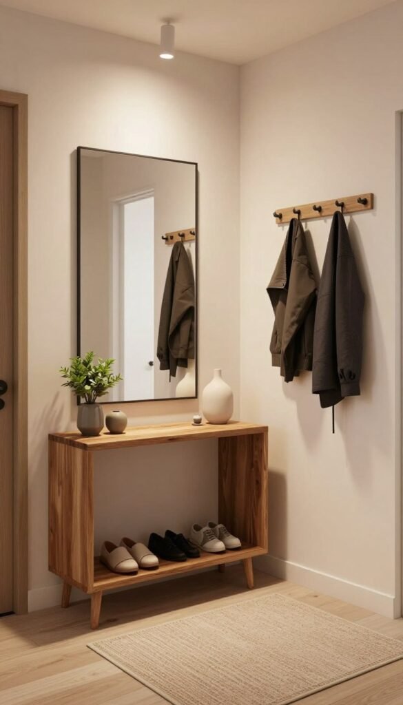 A modern hallway featuring a stylish entrance area designed by WohnKiste, showcasing a well-organized space devoid of shoe piles and jacket chaos. In the foreground, a beautiful wooden console table holds decorative items like a small plant and a stylish vase. The middle ground highlights a sleek mirror, reflecting warm natural lighting, illuminating the space with a cozy ambiance. The background presents a clean wall with minimalist hooks for jackets and an inviting rug on the floor, adding texture to the area. Utilize soft, warm colors to create an authentic Pinterest-like atmosphere, emphasizing a serene and functional entryway. The image should be captured from a slight angle, showcasing depth and balance, without any text, logos, or watermarks.