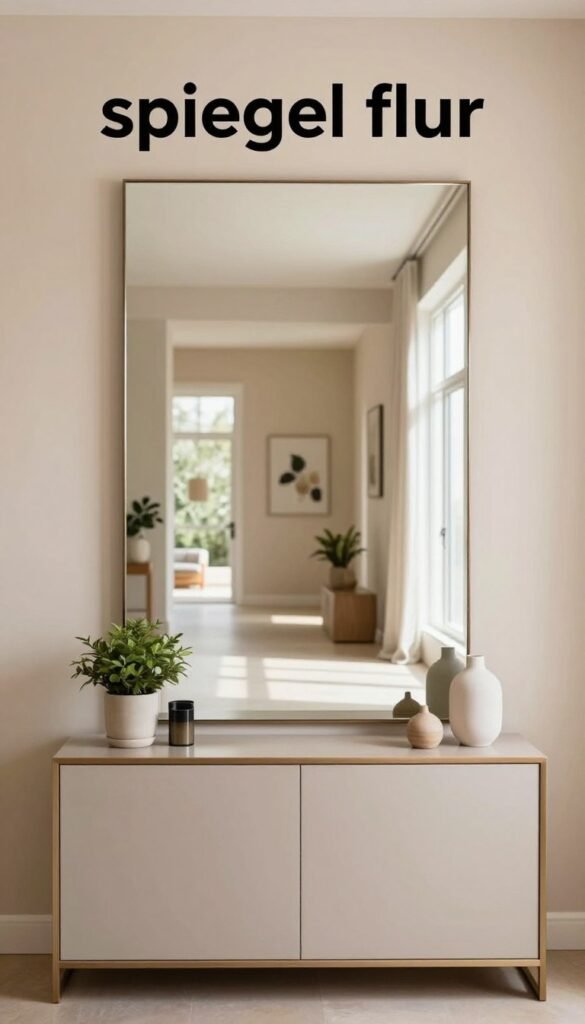 A modern hallway featuring an elegant "spiegel flur", where a large, stylish mirror reflects the space, creating an illusion of depth and brightness. The foreground showcases a sleek console table adorned with minimalist decor elements, such as a small potted plant and a decorative vase. In the middle ground, the spacious hallway is flanked by soft, warm-toned walls, with natural light streaming in from large windows, enhancing the airy feel. The background features a subtle piece of wall art that complements the design without overwhelming it. The atmosphere is tranquil and inviting, exuding a Pinterest-inspired aesthetic with a contemporary touch. The scene captures the essence of "WohnKiste" with its authentic style and focus on space-enhancing decor.