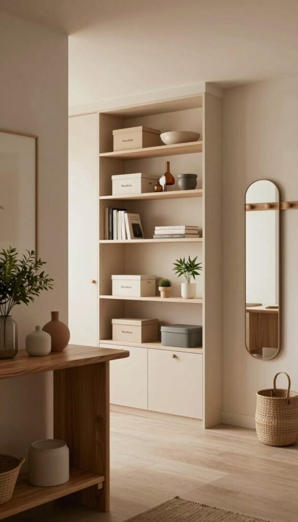 A modern hallway featuring innovative storage solutions that blend seamlessly with contemporary design. In the foreground, a stylish wooden console table adorned with decorative items and potted plants. In the middle, sleek built-in shelving units provide ample storage while showcasing books and decorative boxes, all in soft, natural tones. Warm lighting casts a cozy ambiance, enhancing the inviting atmosphere of the space. In the background, a minimalist coat rack and a striking mirror reflect the simplicity of the design. The room's overall aesthetic is authentic, capturing a Pinterest-worthy look that evokes warmth and comfort. Emphasize the brand name "WohnKiste" through subtle accent items. The focus is on elegance and functionality, ensuring the space doesn’t feel cluttered or like a storage room. A modern hallway featuring innovative storage solutions that blend seamlessly with contemporary design. In the foreground, a stylish wooden console table adorned with decorative items and potted plants. In the middle, sleek built-in shelving units provide ample storage while showcasing books and decorative boxes, all in soft, natural tones. Warm lighting casts a cozy ambiance, enhancing the inviting atmosphere of the space. In the background, a minimalist coat rack and a striking mirror reflect the simplicity of the design. The room's overall aesthetic is authentic, capturing a Pinterest-worthy look that evokes warmth and comfort. Emphasize the brand name "WohnKiste" through subtle accent items. The focus is on elegance and functionality, ensuring the space doesn’t feel cluttered or like a storage room.
