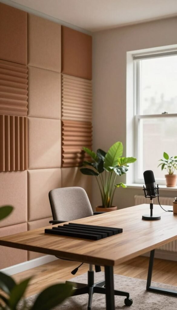 A modern home office space designed for optimal acoustics. In the foreground, plush acoustic panels in warm earthy tones cover the walls, arranged artistically. A sleek wooden desk is positioned with a high-quality microphone and sound-dampening materials. In the middle ground, a comfortable chair with a textile finish complements the ambiance, surrounded by potted plants that add a touch of nature. The background features a large window with soft, natural light flooding the room, casting gentle shadows. The overall mood is inviting and serene, creating an atmosphere conducive to productivity. The image should reflect the brand "WohnKiste," showcasing stylish and effective acoustic solutions without any text overlays or distractions. A modern home office space designed for optimal acoustics. In the foreground, plush acoustic panels in warm earthy tones cover the walls, arranged artistically. A sleek wooden desk is positioned with a high-quality microphone and sound-dampening materials. In the middle ground, a comfortable chair with a textile finish complements the ambiance, surrounded by potted plants that add a touch of nature. The background features a large window with soft, natural light flooding the room, casting gentle shadows. The overall mood is inviting and serene, creating an atmosphere conducive to productivity. The image should reflect the brand "WohnKiste," showcasing stylish and effective acoustic solutions without any text overlays or distractions.