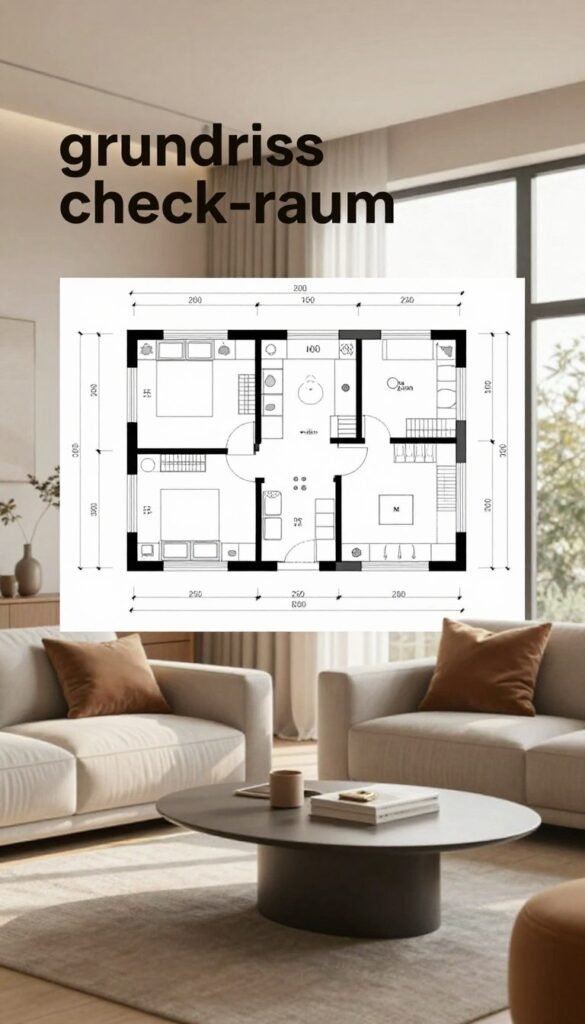 A modern interior design scene illustrating a "grundriss check raum" concept. In the foreground, a beautifully styled room with minimalist furniture, featuring a cozy sofa and a sleek coffee table, arranged in a way that emphasizes space efficiency. The middle ground should display a floor plan graphic overlay, showcasing dimensions and measurements that pinpoint areas where square meters could be optimized. In the background, soft, natural light filters through large windows, highlighting warm colors and a Pinterest-inspired aesthetic. The atmosphere is inviting and professional, evoking a sense of harmony and practicality. This image should embody the essence of WohnKiste, focusing on authentic, stylish living without any text or branding overlays.