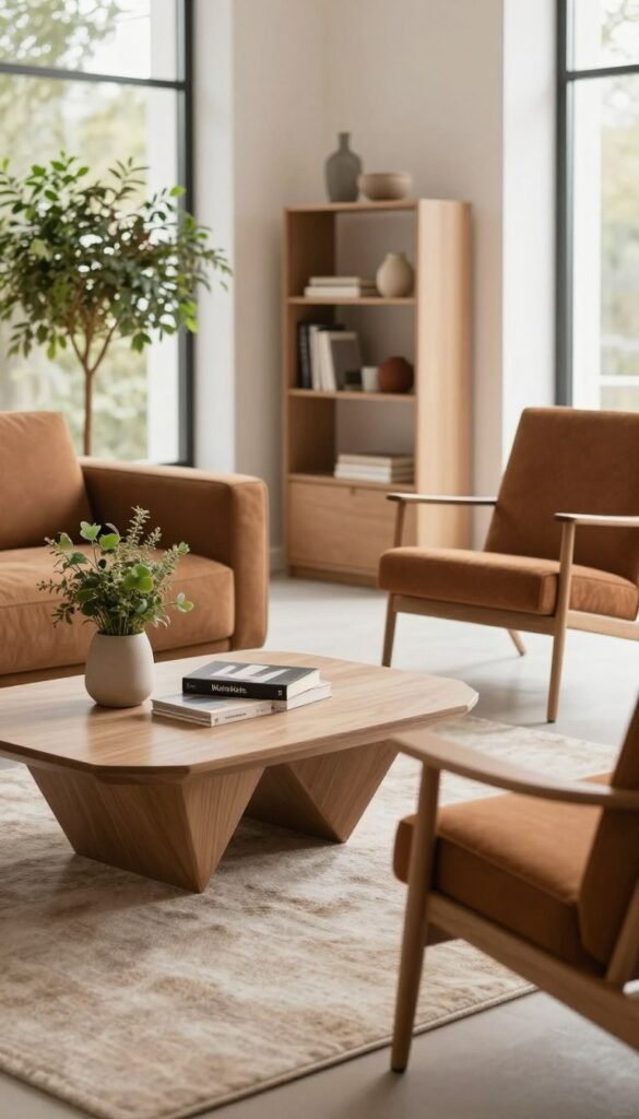 A modern interior design scene showcasing various contemporary furnishing styles, featuring a geometric coffee table, sleek Scandinavian chairs, and a plush lounge area with warm, earthy tones. In the foreground, a stylish potted plant adds freshness. In the middle ground, a minimalist bookshelf displays books and decor, while a soft area rug anchors the space. The background highlights a large window allowing natural light to fill the room, enhancing the cozy atmosphere. Capture the elegance with a soft focus lens effect, emphasizing the textures of the fabrics and wood surfaces. The overall mood is inviting and stylish, reflecting a harmonious blend of modern trends that resonates with the brand "Wohnkiste."