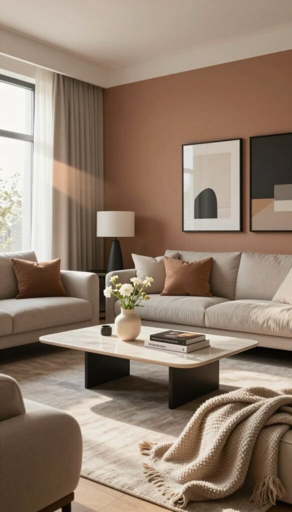A modern interior design scene that embodies the concept of avoiding typical mistakes in decorating, featuring a cozy living room with a minimalist aesthetic. In the foreground, a stylish couch adorned with neutral-colored throw pillows and a soft textured blanket creates an inviting atmosphere. In the middle, a sleek coffee table with a few carefully selected decorative items like a simple vase with fresh flowers and a stack of design books balances the space without clutter. The background showcases an accent wall painted in warm tones and framed artwork, emphasizing a chic yet unobtrusive style. Soft, natural lighting filters through large windows, casting gentle shadows, while a subtle lens flare adds warmth to the scene. The overall mood is harmonious and sophisticated, with a Pinterest-inspired look, representative of WohnKiste's design philosophy, ensuring the room remains modern and uncluttered.