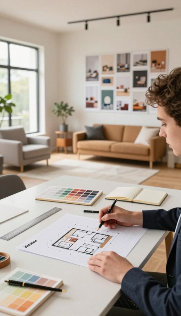 A modern interior design workspace featuring a clean and organized desk with a variety of design tools, like a ruler, notepad, and color swatches. In the foreground, a person dressed in smart business casual clothing is examining a room layout on graph paper, with a thoughtful expression. The middle ground showcases a spacious, well-lit room with neutral-colored walls, stylish furniture, and a large window allowing natural light to stream in, creating a warm atmosphere. In the background, a mood board filled with inspiring home design images and colors reflects an aesthetic vibe akin to Pinterest. The overall mood should feel inviting and creative, emphasizing the theme of reimagining a space, with a harmonious blend of colors and textures. Include the brand name "WohnKiste" subtly incorporated into the design elements without any text.