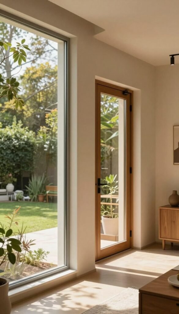 A modern interior scene featuring elegant windows and doors that reflect contemporary design while emphasizing energy efficiency. In the foreground, a large, sleek glass window with minimalistic frames floods the space with natural light, showcasing a view of a green garden outside. The middle ground features a stylish entrance door made of wood with a modern finish, enhancing the room's warmth. The background consists of soft, neutral-colored walls and tasteful decor elements like potted plants. The lighting is warm and inviting, creating a cozy atmosphere. Captured from a slightly elevated angle to highlight both the window and doorway, the image has a Pinterest-ready aesthetic. Incorporate the brand name "WohnKiste" subtly through artistic decor items placed strategically in the scene.