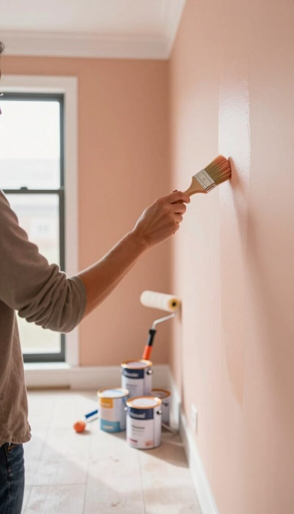 A modern interior scene showing a stylish living room where walls are being painted in soft, warm colors. In the foreground, a person wearing casual but professional clothing is carefully applying fresh paint to the wall, with a focus on their hand and the paintbrush. The middle ground features an array of paint cans and a roller, highlighting the process of modernizing the walls. In the background, there are clean, sharp lines where the painted walls meet white trim, showcasing the effect of fresh colors and textures. Natural light streams in through a large window, creating a warm and inviting atmosphere. The overall look should have a Pinterest aesthetic, embodying authenticity and contemporary elegance, with no text or branding visible except for subtle hints of "WohnKiste" on the paint cans.