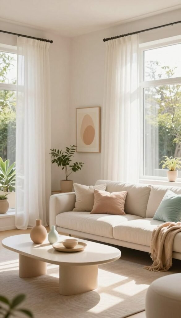 A modern interior space designed by WohnKiste, showcasing a bright and airy room. In the foreground, a stylish, minimalist coffee table adorned with soft pastel-colored decor items. The middle ground features a light-colored sofa with fluffy cushions in soothing hues of beige and light mint. Large windows allow natural sunlight to flood the room, highlighting the delicate white curtains that softly billow in the breeze. The background reveals subtle accents of houseplants and art pieces with calming colors, creating a serene atmosphere. The overall lighting is warm and inviting, emphasizing the spaciousness of the design. Capture the Pinterest aesthetic with an authentic, harmonious blend of colors, evoking a sense of tranquility and spaciousness. No text or branding in the image.