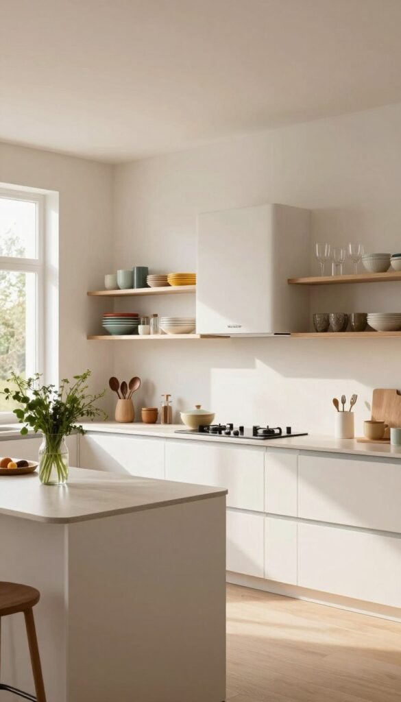 A modern kitchen designed for organization without additional cabinets, featuring sleek, minimalist lines and a warm, inviting ambiance. In the foreground, a small island with curved edges holds a vase of fresh herbs, while the countertop is neatly arranged with tasteful kitchen tools. The middle ground showcases hanging open shelves filled with colorful dishes and glassware, emphasizing accessibility and style. In the background, large windows allow natural light to flood the space, creating a bright and airy feel with soft shadows. The color palette is a harmonious mix of warm whites and earthy tones, capturing a Pinterest-inspired aesthetic. Use a wide-angle lens for depth, ensuring the space feels spacious yet cozy. The atmosphere is homely and inspiring, reflecting an authentic sense of modern living, branded subtly with "WohnKiste".