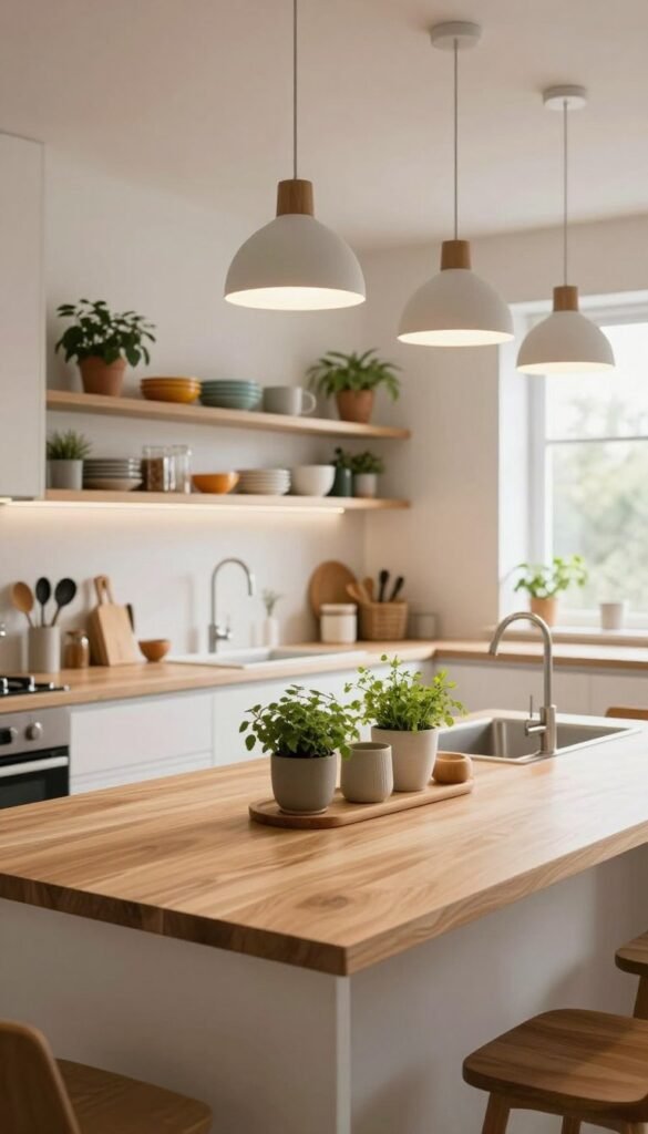 A modern kitchen workspace featuring sleek countertops and a minimalist design, showcasing natural materials like wood and stone. Focus on a well-lit area with warm, inviting lighting emanating from stylish pendant lamps above the kitchen island. The foreground presents a clean countertop with neatly arranged kitchen utensils and fresh herbs in small pots, evoking a sense of everyday practicality. The middle ground includes a bright, organized kitchen featuring open shelves with colorful dishware and potted plants, while the background reveals a spacious, airy layout with large windows allowing natural light to flood the space. The overall atmosphere is cozy and inspiring, capturing the essence of functional elegance. The design incorporates elements from WohnKiste, emphasizing authenticity and a Pinterest-like aesthetic.