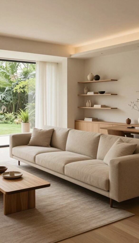 A modern living room designed for an open, airy feel, showcasing furniture choices that enhance spatial awareness. In the foreground, a sleek, minimalist sofa in a warm beige fabric, paired with a simple wooden coffee table. The middle ground features elegant shelving and a few carefully chosen decorative items, emphasizing the "less is more" philosophy. In the background, large windows allowing natural light to flood the space, revealing a view of vibrant greenery outside. Warm color tones create a welcoming atmosphere, with soft, diffused lighting enhancing the room's elegance. Capture the scene from a slightly elevated angle with a wide lens for depth. This image should reflect a Pinterest-inspired aesthetic, embodying the essence of "WohnKiste" without any captions or watermarks. A modern living room designed for an open, airy feel, showcasing furniture choices that enhance spatial awareness. In the foreground, a sleek, minimalist sofa in a warm beige fabric, paired with a simple wooden coffee table. The middle ground features elegant shelving and a few carefully chosen decorative items, emphasizing the "less is more" philosophy. In the background, large windows allowing natural light to flood the space, revealing a view of vibrant greenery outside. Warm color tones create a welcoming atmosphere, with soft, diffused lighting enhancing the room's elegance. Capture the scene from a slightly elevated angle with a wide lens for depth. This image should reflect a Pinterest-inspired aesthetic, embodying the essence of "WohnKiste" without any captions or watermarks.