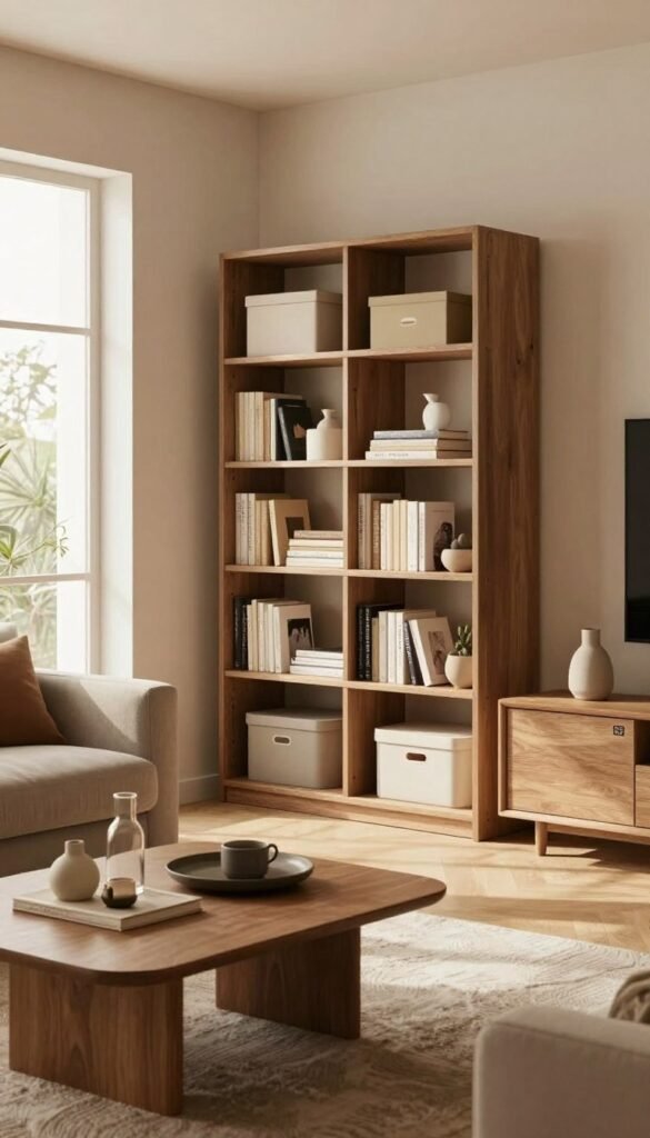 A modern living room designed for efficient storage and organization, featuring stylish shelves and functional furniture that neatly integrate storage solutions without appearing cluttered. In the foreground, a beautifully arranged coffee table with decorative items sits atop a cozy area rug. The middle of the image highlights a sleek bookshelf filled with neatly organized books and decorative boxes. In the background, large windows allow warm, natural light to flood the room, enhancing the inviting atmosphere. Earthy tones and warm colors create a harmonious and cozy environment, echoing a Pinterest-inspired aesthetic. Include a subtle brand logo for "WohnKiste" on a piece of furniture, ensuring it blends naturally into the scene. The overall mood is calm, organized, and inspiring, ideal for showcasing innovative storage solutions in everyday life.