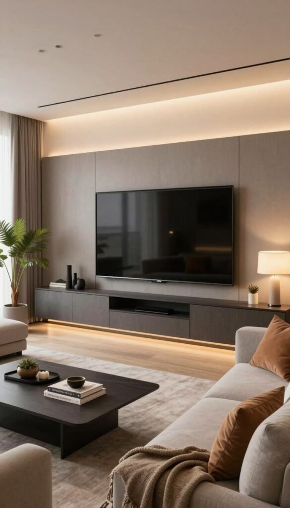 A modern living room designed for optimal entertainment integration, featuring a sleek, wall-mounted TV that seamlessly blends into elegant cabinetry by WohnKiste. Foreground elements include a stylish coffee table with decorative books and a cozy throw. In the middle, a plush sectional sofa with soft cushions invites relaxation, while decorative pillows add a pop of color. The background showcases warm, ambient lighting from strategically placed lamps, creating a welcoming atmosphere. Large windows allow natural light to fill the room, highlighting a minimalist aesthetic with plants for a touch of greenery. The mood is inviting and serene, reflecting a perfect balance between technology and comfort, ideal for a stress-free entertainment experience in an authentically Pinterest-inspired setting.